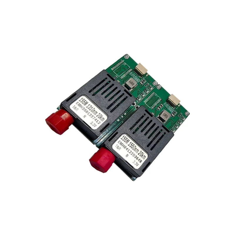 FPV fiber optic module, 1550nm, 20km range, supports CVBS/HDMI video and SBUS/CRSF control, operates on 5-26V power.