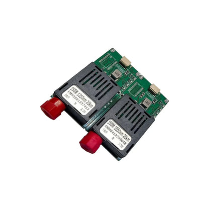 FPV fiber optic module, 1550nm, 20km range, supports CVBS/HDMI video and SBUS/CRSF control, operates on 5-26V power.