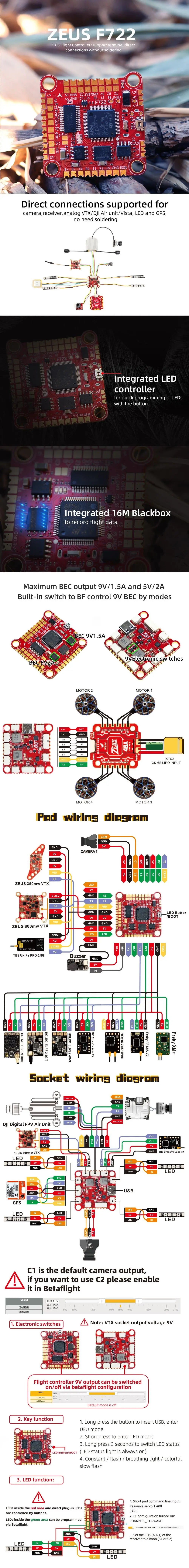 New HGLRC Zeus F722 FC, ZEUS F722 3-6S Flight Controllei connections without soldering 13 70