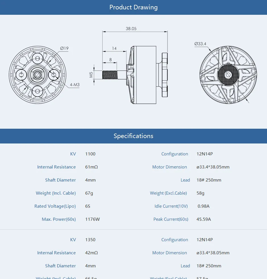 T-MOTOR, Product Drawing 38.05 033 4-M3 Specifications 1100 Configuration 12N14