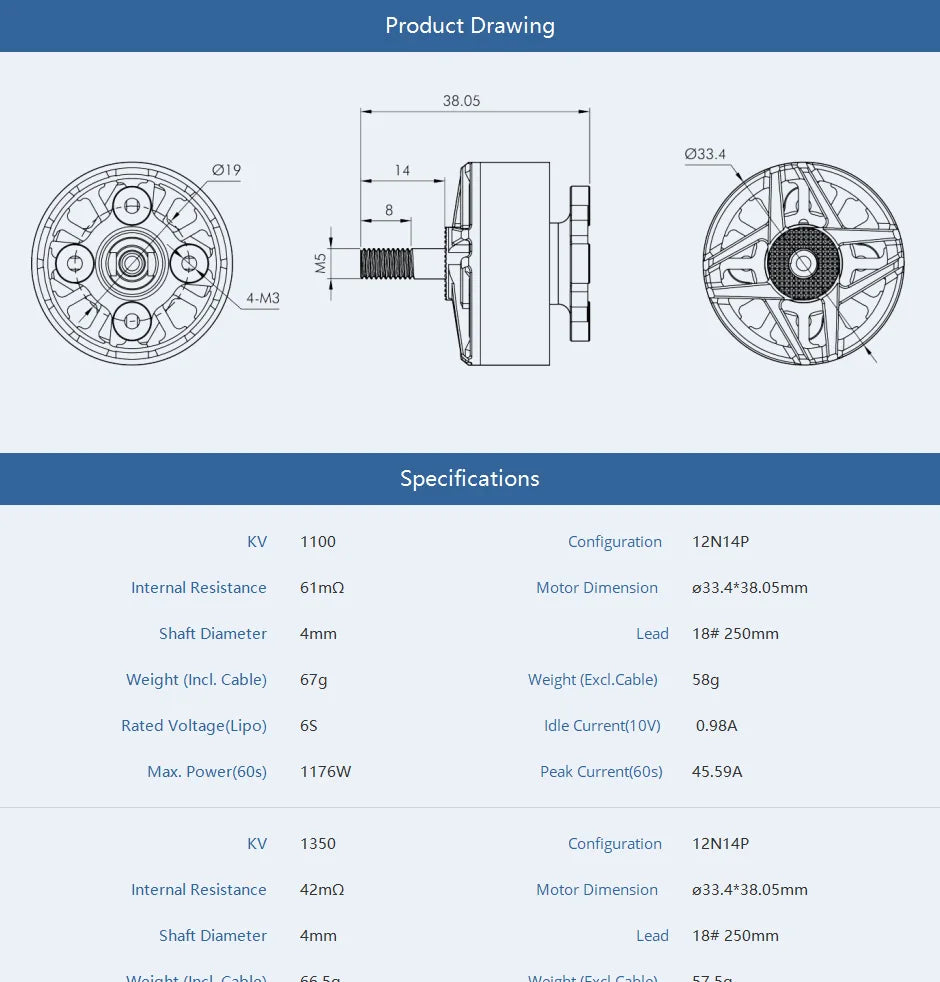 T-MOTOR. Product Drawing 38.05 033 4-M3 Specifications 1100 Configuration 12N14