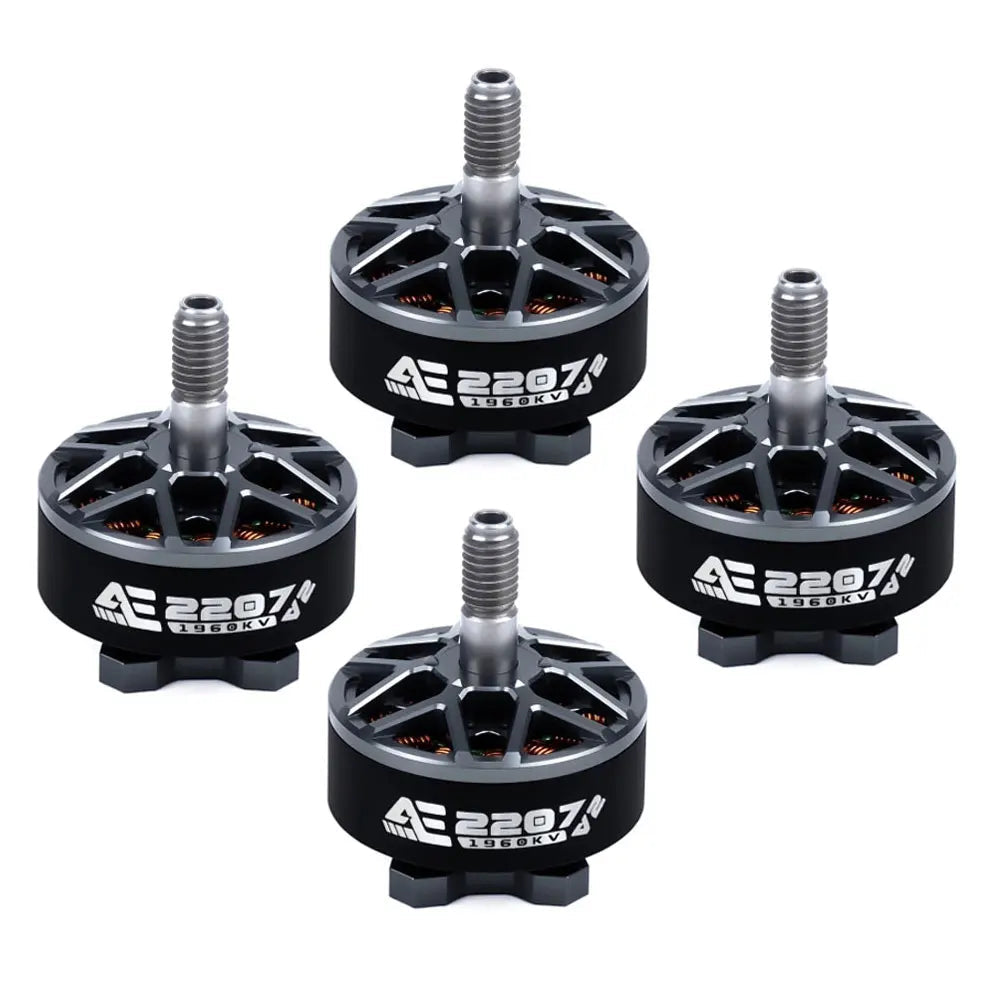 AxisFlying AE2207 V2 brushless motors (1860KV/1960KV, 4-6S, 5mm shaft), black, for 5-inch FPV freestyle drones, pack of four.