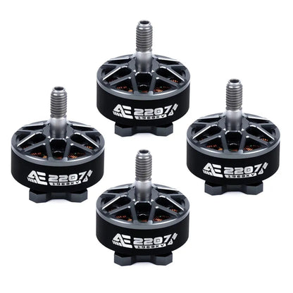 AxisFlying AE2207 V2 brushless motors (1860KV/1960KV, 4-6S, 5mm shaft), black, for 5-inch FPV freestyle drones, pack of four.