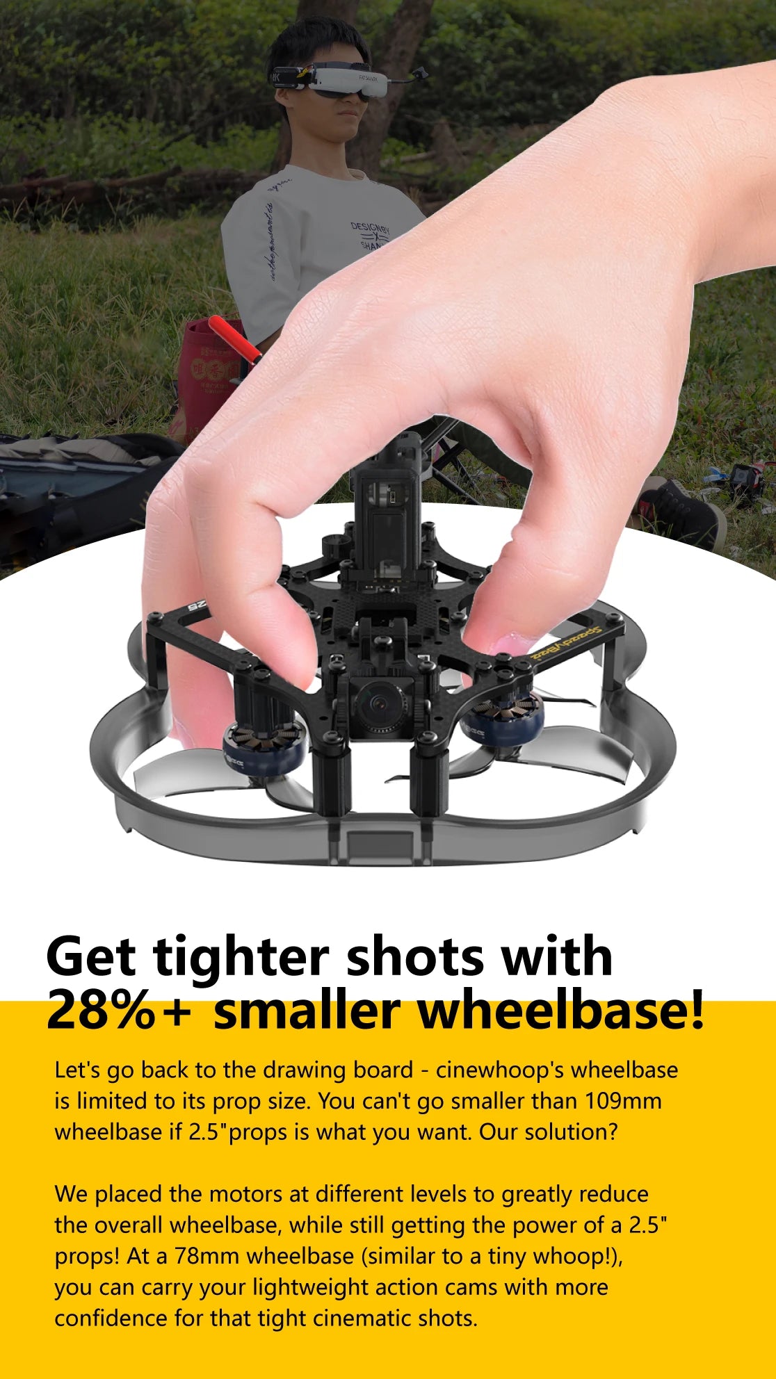 SpeedyBee F745 FreeStyle FPV Drone, cinewhoop's wheelbase is limited to its prop size . 78mm