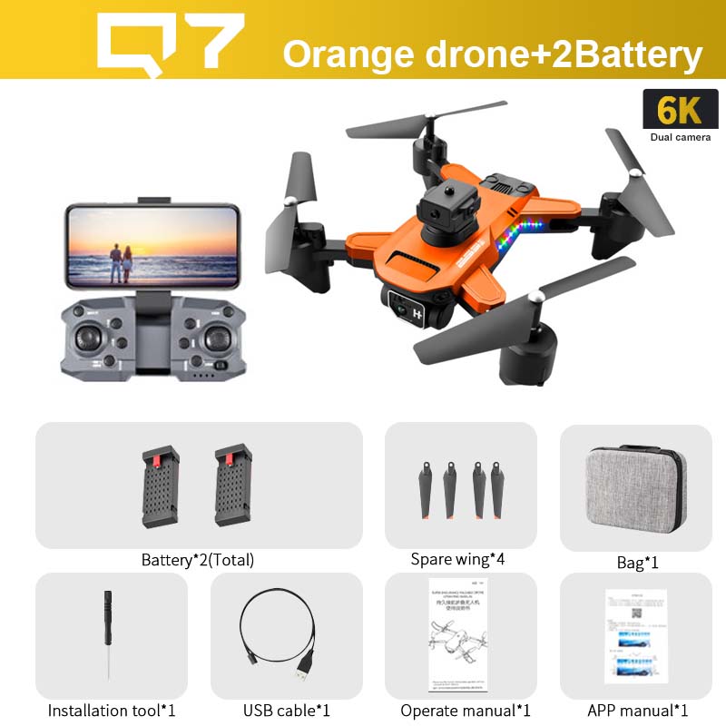 Q7 Drone, N7 Orange drone+2Battery 6K Dual camera Battery