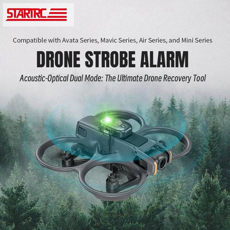 STARTRC V2 drone strobe alarm with 120dB alarm, 120lm light, USB-C charging, 250mAh battery, auto-sensing, compatible with DJI drones.