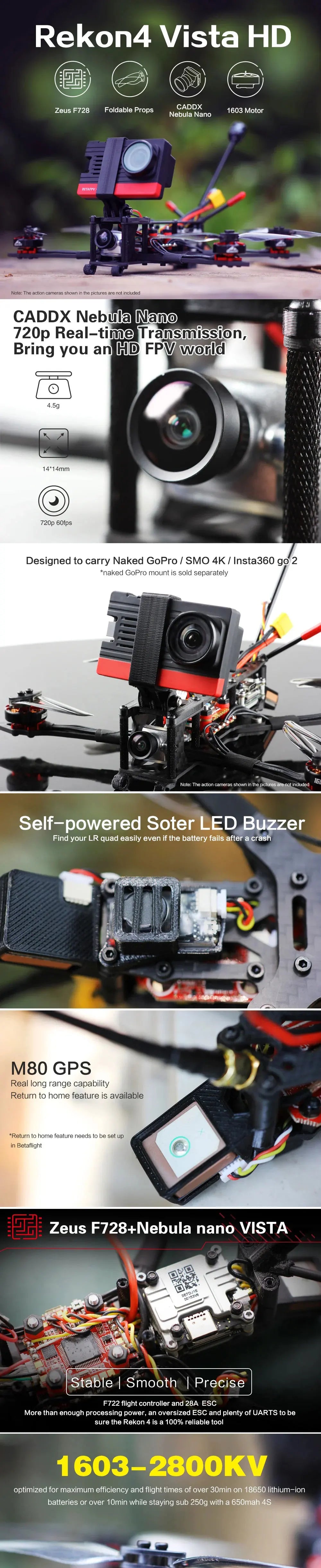 HGLRC Rekon 4 LR - Micro Long Range Quad Digital Version Caddx Polar 1603 2800KV 4S Motor For RC FPV Quadcopter Freestyle Drone 7 HGLRC Rekon 4 LR, Rekon4 Vista HD Zeus F728 Foldable Props CADDX 1603