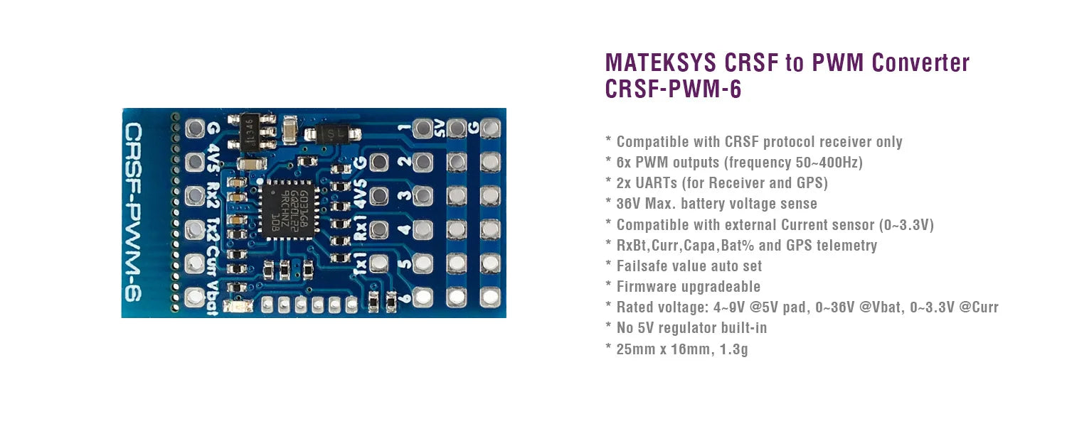 MATEK Mateksys CRSF TO PWM, Compatible with CRSF protocol receiver only 3 Bx PWM outputs (frequency 50-
