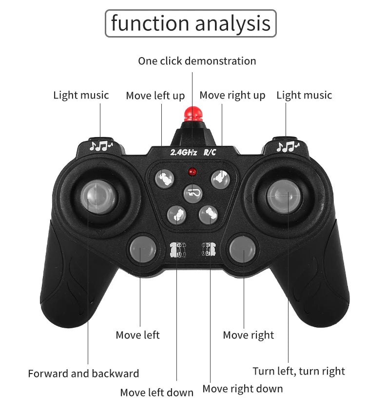 4WD RC Car Drift Stunt Car, one click demonstration Light music Move left up Move right up Light music 24GHz Rc Move left