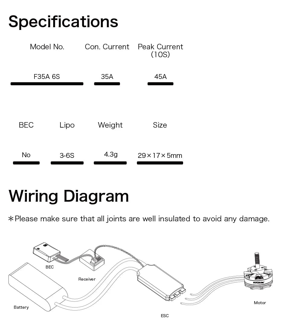T-MOTOR F35A ESC, *Please make sure that all joints are well insulated to avoid any damage . BEC
