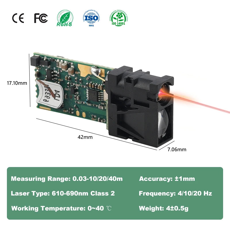 Meskernel LDL-10 Laser Distance Sensor, Meskernel LDL-10 laser sensor: 10m range, ±1mm accuracy, red laser, multiple interfaces, compact size, lightweight, operates 0-40°C.