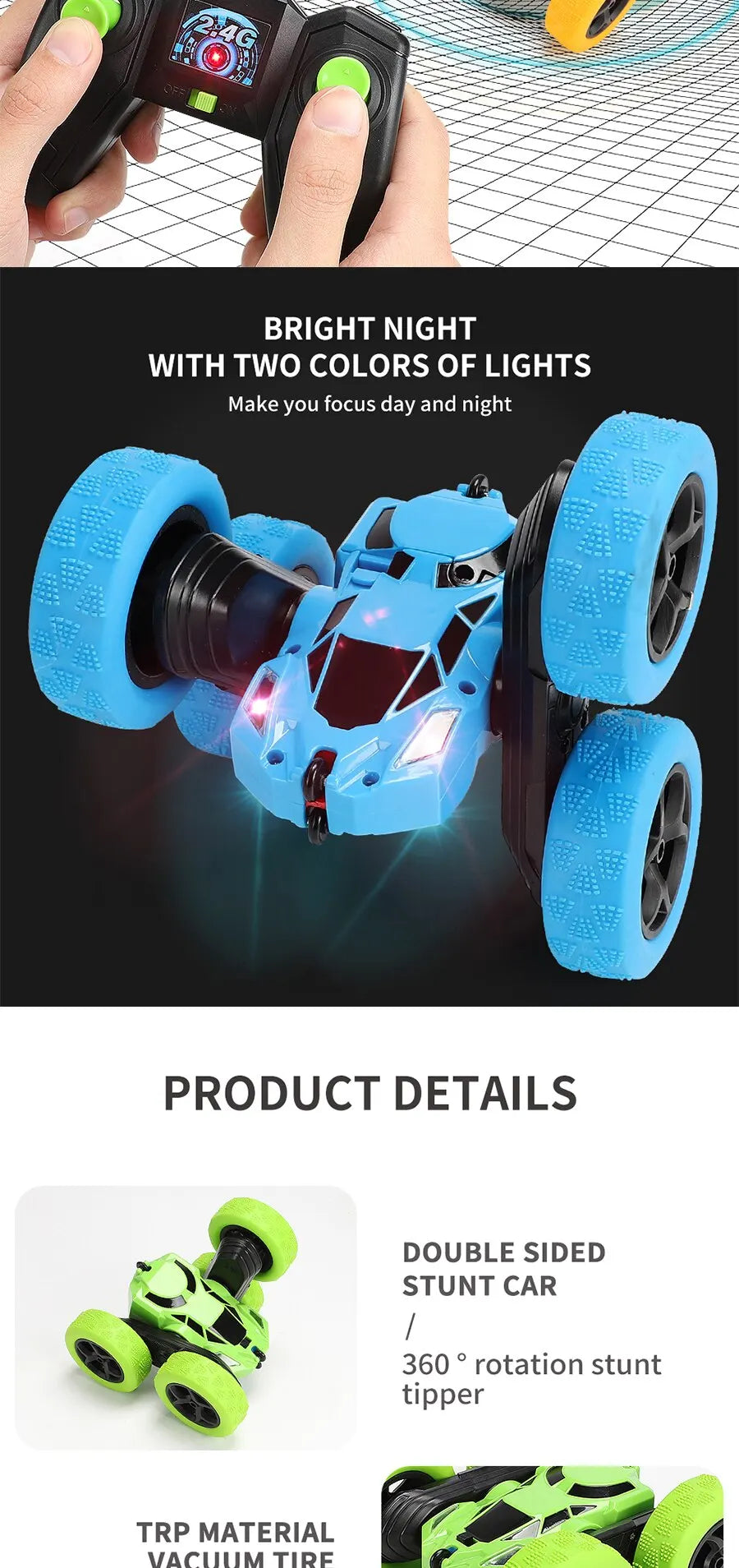 RC Stunt Car, BRIGHT NIGHT WITH TWO COLORS OF LIGHTS Make you focus day and