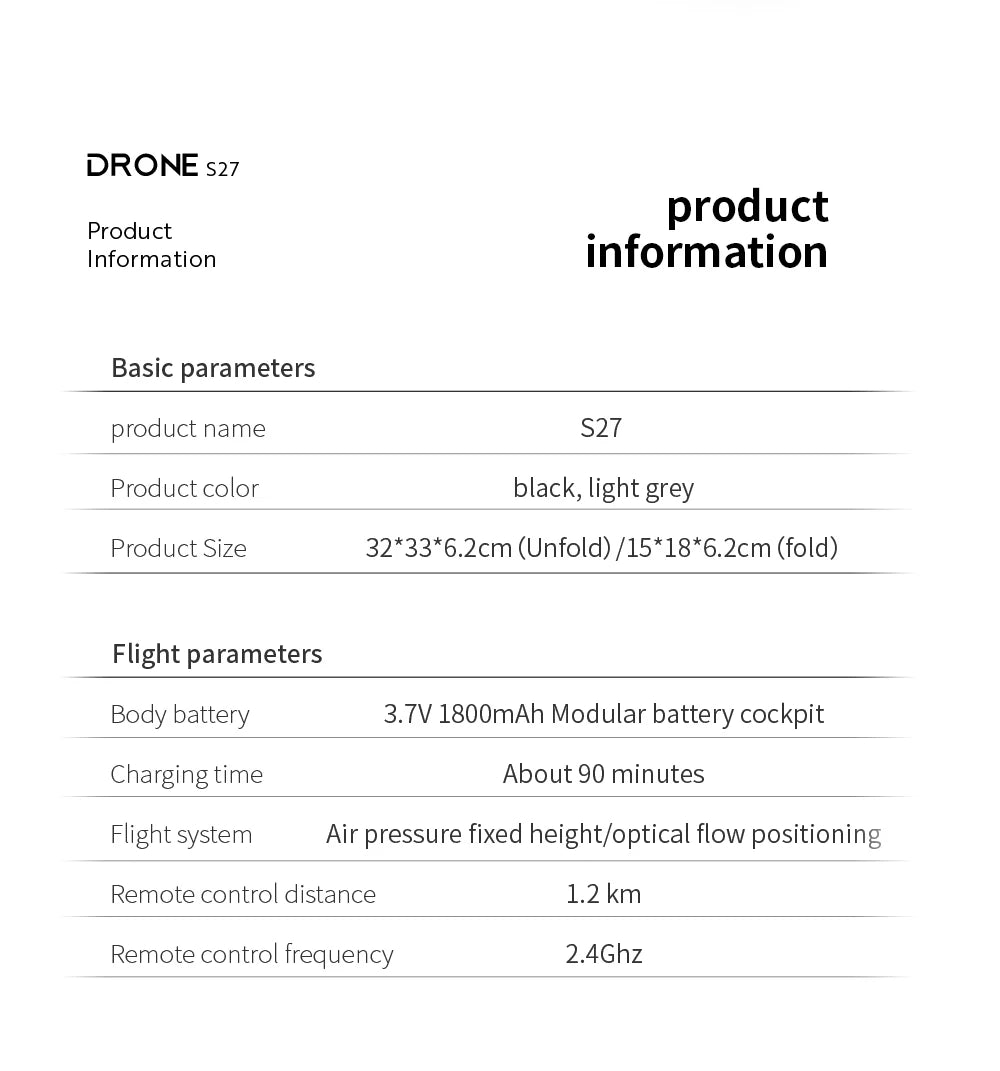 S27 Drone - RC Quadcopter Helicopter with 4K HD Camera Optical flow WIFI FPV Racing Dron Wide Angle Foldable Toy RTF 22 S27 Drone, drone 527 product product information basic parameters product name s27 product