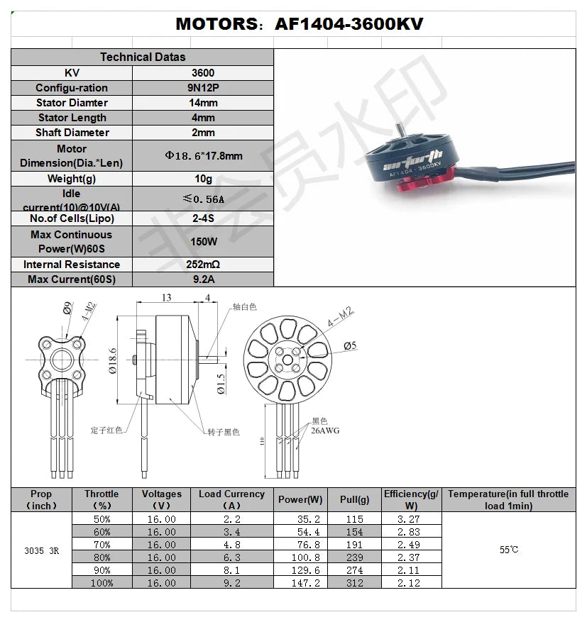 Airforth AF1404, AF1404-3600KV Technical Datas 9N1ZP Stator Dia