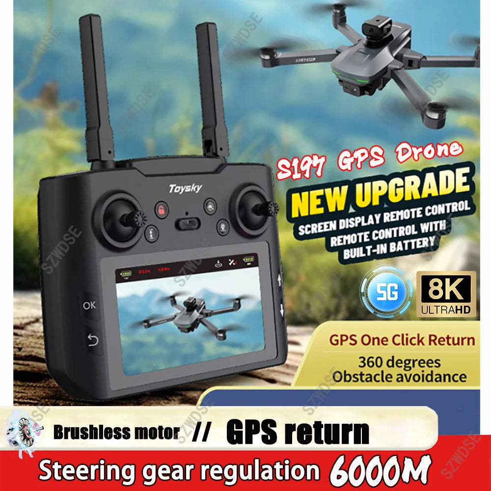 2025 New S197 Drone, S197 GPS Drone with screen display RC, built-in battery, 5G, 8K. Offers GPS return, obstacle avoidance, brushless motor, and 6000M regulation.