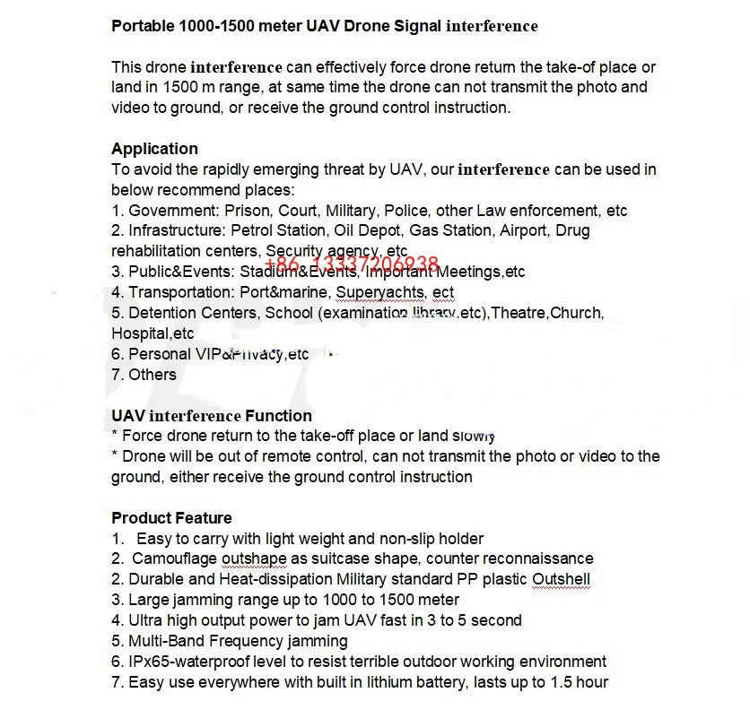 60W Anti Drone Device, the interference can effectively force drone retum the take-off place or land in 1500