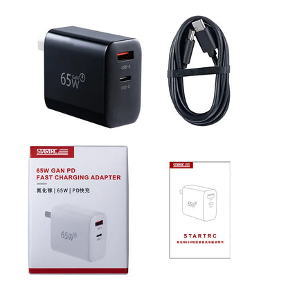 STARTRC 65W Charger, STARTRC 65W GaN charger with USB-A and USB-C ports, includes cable and manual for fast charging.