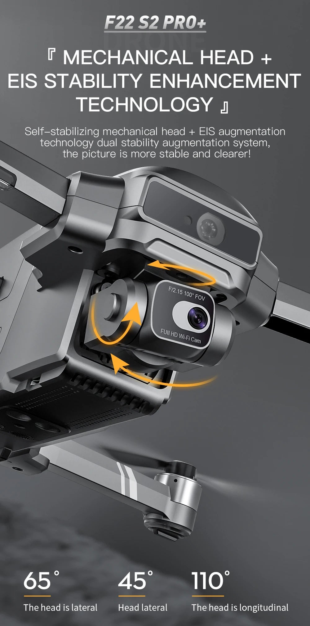 SJRC F22 S2 Pro + Drone, Self-stabilizing camera with electronic stabilization for clear and stable images.