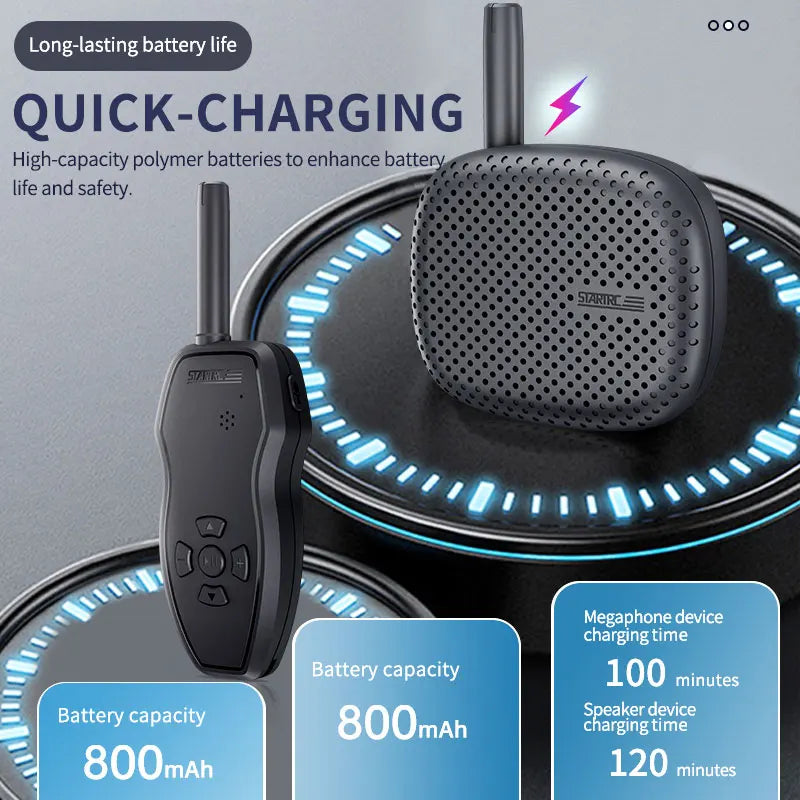 STARTRC Drone Speaker, STARTRC drone speaker megaphone features 800mAh battery, quick charging, 100-minute device charge, 120-minute speaker life—compact, powerful, long-lasting audio solution.