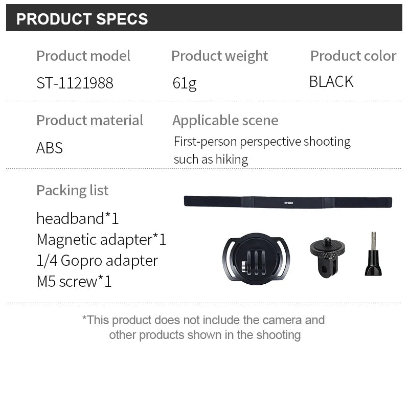 STARTRC Universal Magnetic Head Strap, Lightweight 61g black ABS magnetic head strap with adapters and screw for GoPro; ideal for first-person hiking videos. Camera sold separately.