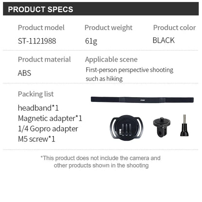 STARTRC Universal Magnetic Head Strap, Lightweight 61g black ABS magnetic head strap with adapters and screw for GoPro; ideal for first-person hiking videos. Camera sold separately.