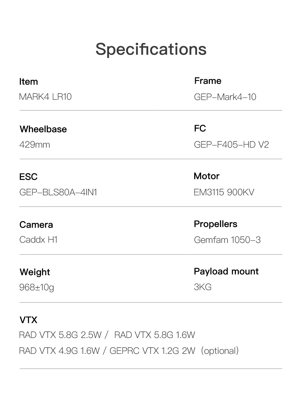 GEPRC MARK4 LR10 5.8G 2.5W Long Range FPV, Specifications Item Frame MARK4 LR1O GEP_Mark4-10 Wheel