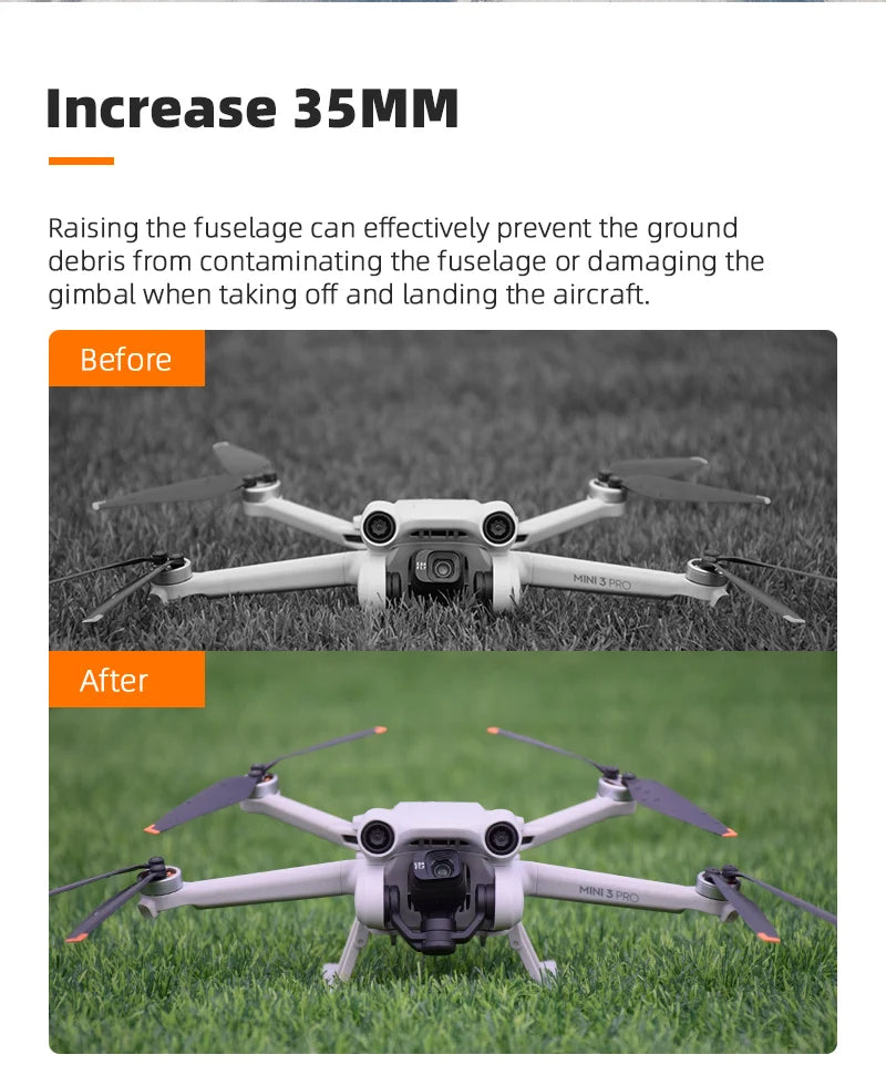Landing Gear for DJI Mini 3 PRO Drone, Increase 35MM Raising the fuselage can effectively prevent the ground debris from contaminating the