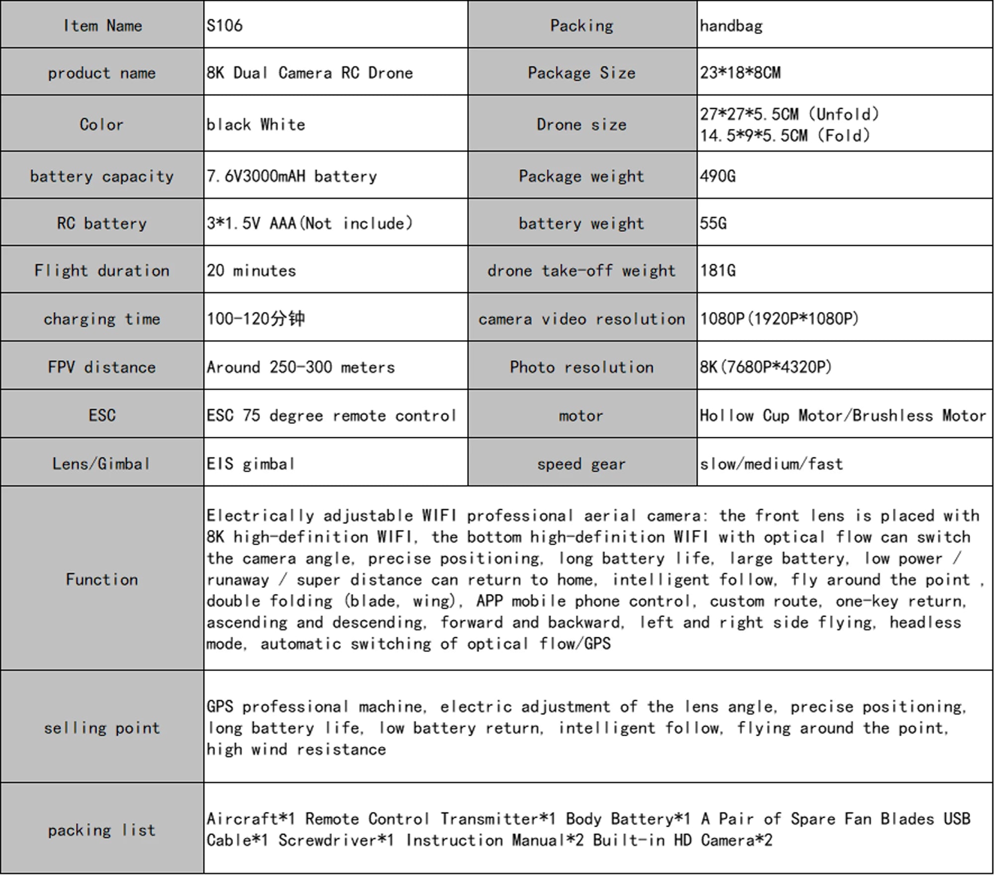 QJ S106 GPS Drone - 8K HD Professional Dual Camera Anti-shake gimbal Brushless Motor 181g RC helicopter Foldable Quadcopter 20 QJ S106 GPS Drone, 8K Dual Camera RC Drone Package Size 23*18*8Ch 27*27