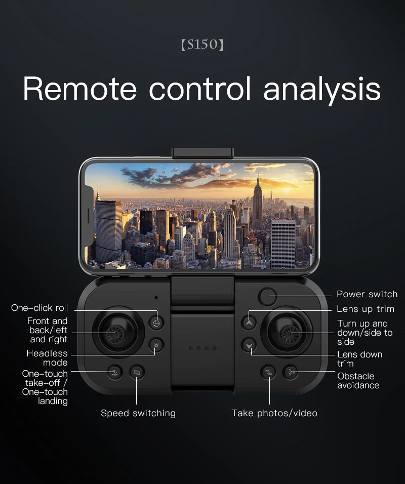 S150 Drone, headless lens down mode trim one-touch obstacle take-off avoid