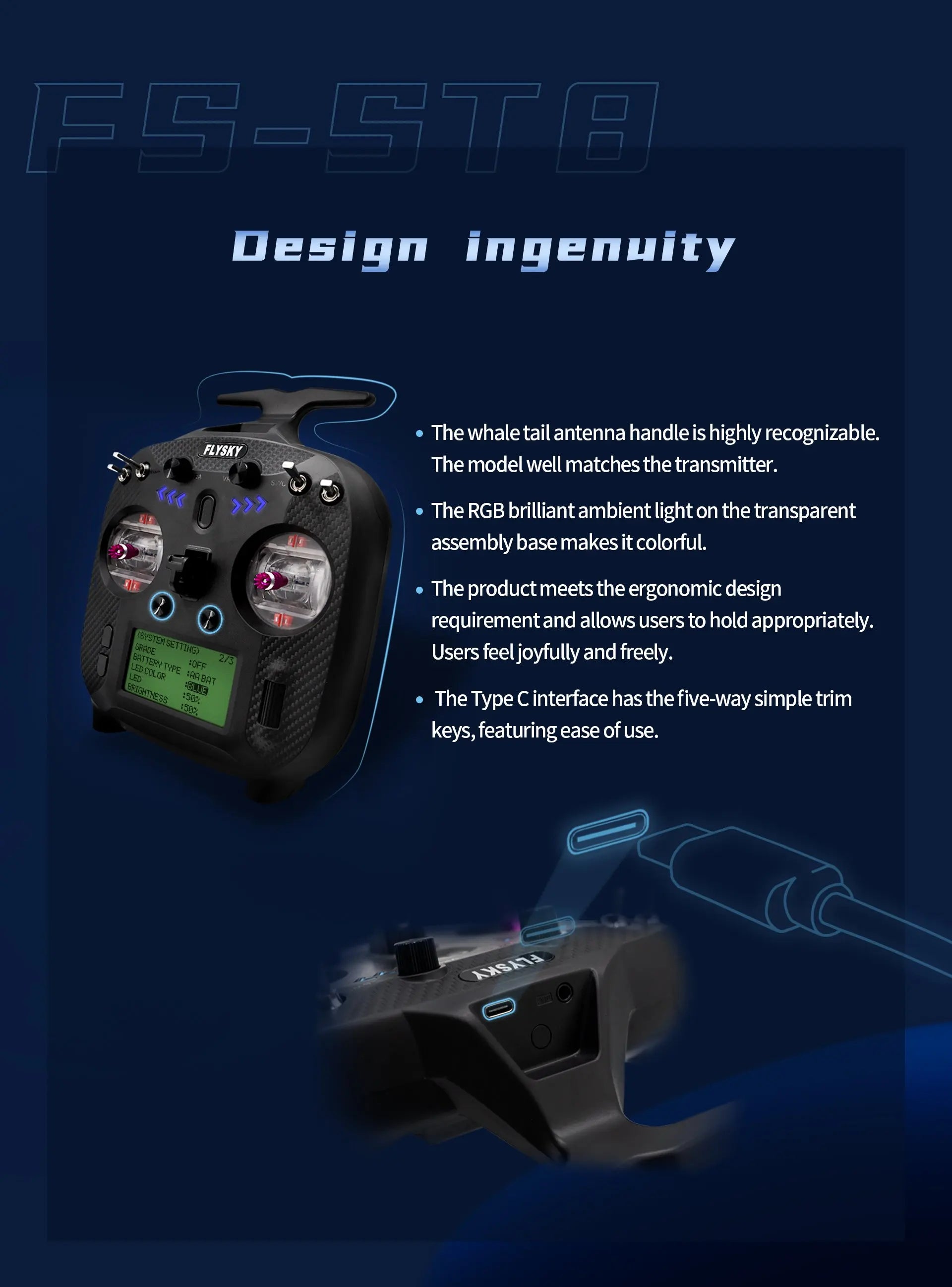 Flysky FS-ST8 Transmitter, [FD-DTT L Design ingenuity The whale tail antenna handleishighly