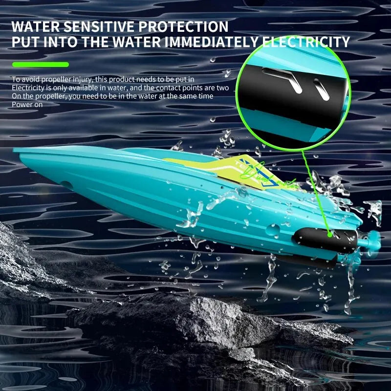 4DRC S5 2.4G Mini RC Boat, Keep drone in water when powered to prevent injury; dual contact points enhance safety. Power on only in water.