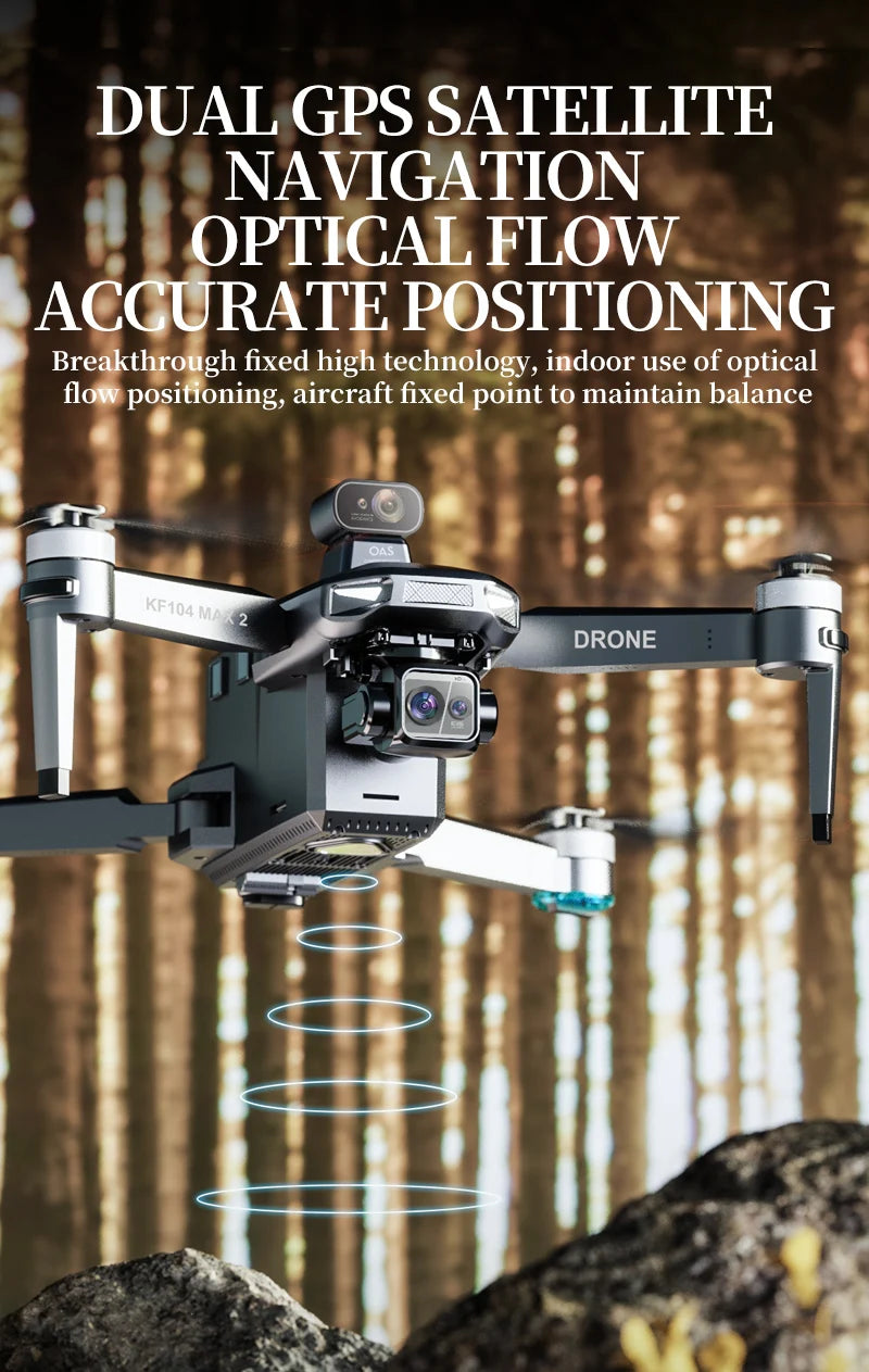 KF104 MAX2 Drone, Equipped with dual GPS satellite navigation and advanced optical flow technology for accurate positioning and obstacle avoidance.