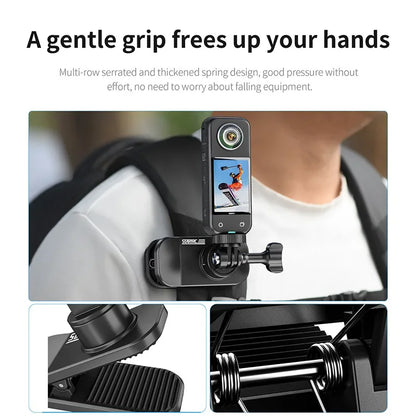 Gentle grip frees hands, secure magnetic backpack clip for action cameras