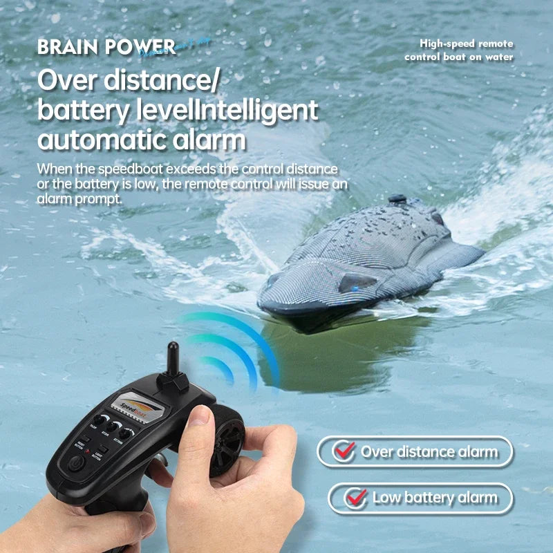 RC Boat, High-speed RC boat with 150M range, 7.4V battery, LED lights, capsize reset, and smart alarms for distance and low battery.