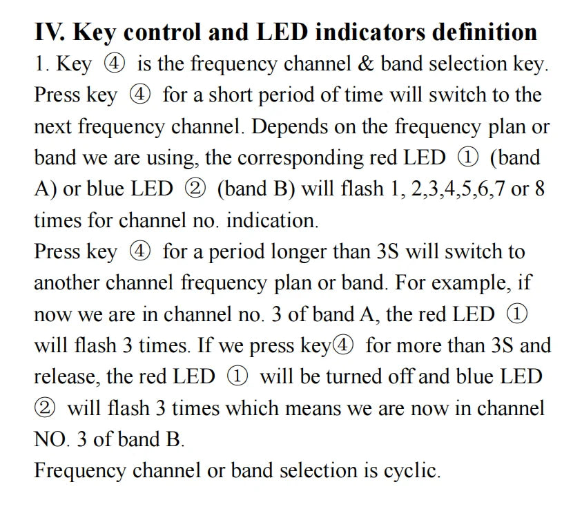 3.3G 3W MAX Analog VTX, Switch between frequency channels and bands with brief presses, or toggle with longer presses.