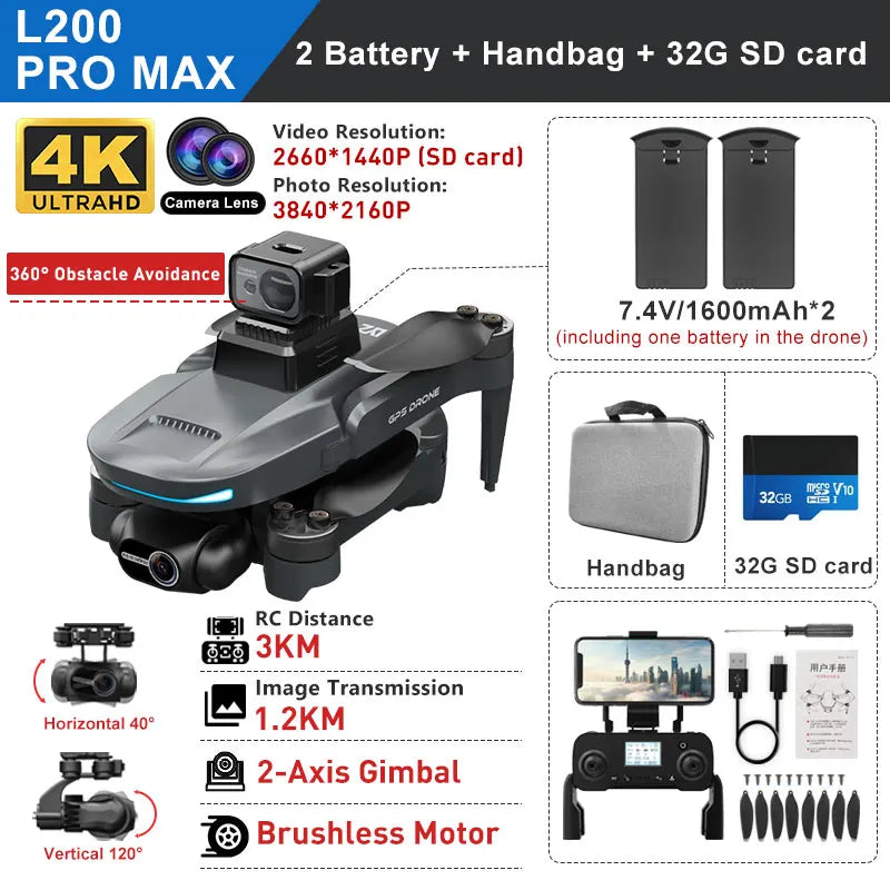 L200 PRO MAX Drone, Capture stunning 4K video and photos with L200 Pro Max Drone's 32GB SD card, GPS navigation, and long RC distance.