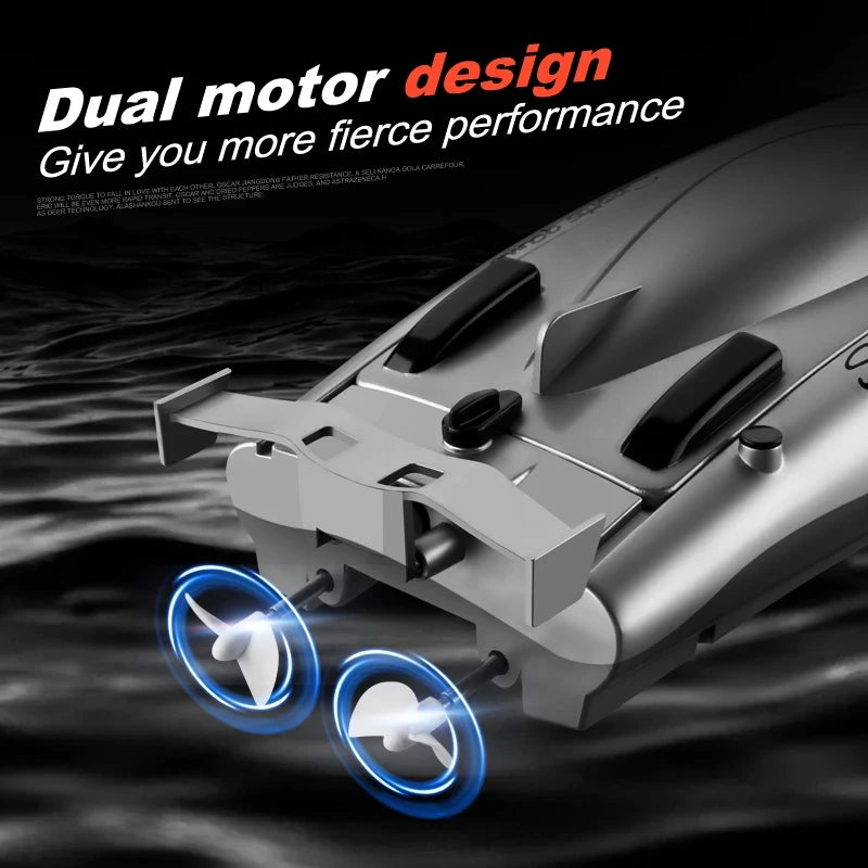 2.4G RC Boat, Dual motor design for fierce performance, waterproof hull, high speed, long range, USB charging.
