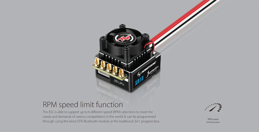 HOBBYWING XERUN XR10 JUSTOCK G3 60A ESC, ESC can be programmed RAM speed through using the latest OTA Bluetooth module or the traditional