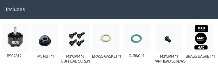 MAD BSC2812 FPV Drone Motor, Motor kit contents: motor, MS nut, brass gaskets, O-ring, and screws for assembly.