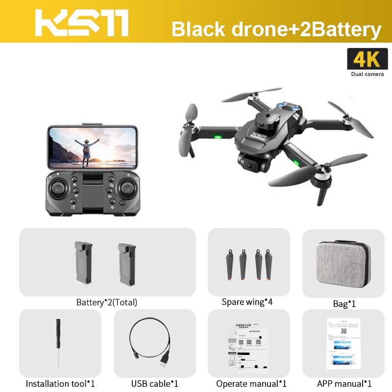 KS11 Drone, KS7 Black drone+2Battery 4K Dual camera