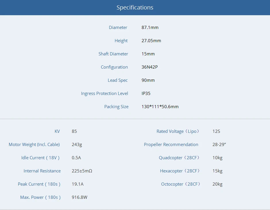 T-motor, Specifications Diameter 87.1mm Height 27.05mm Shaft Diameter 1Smm