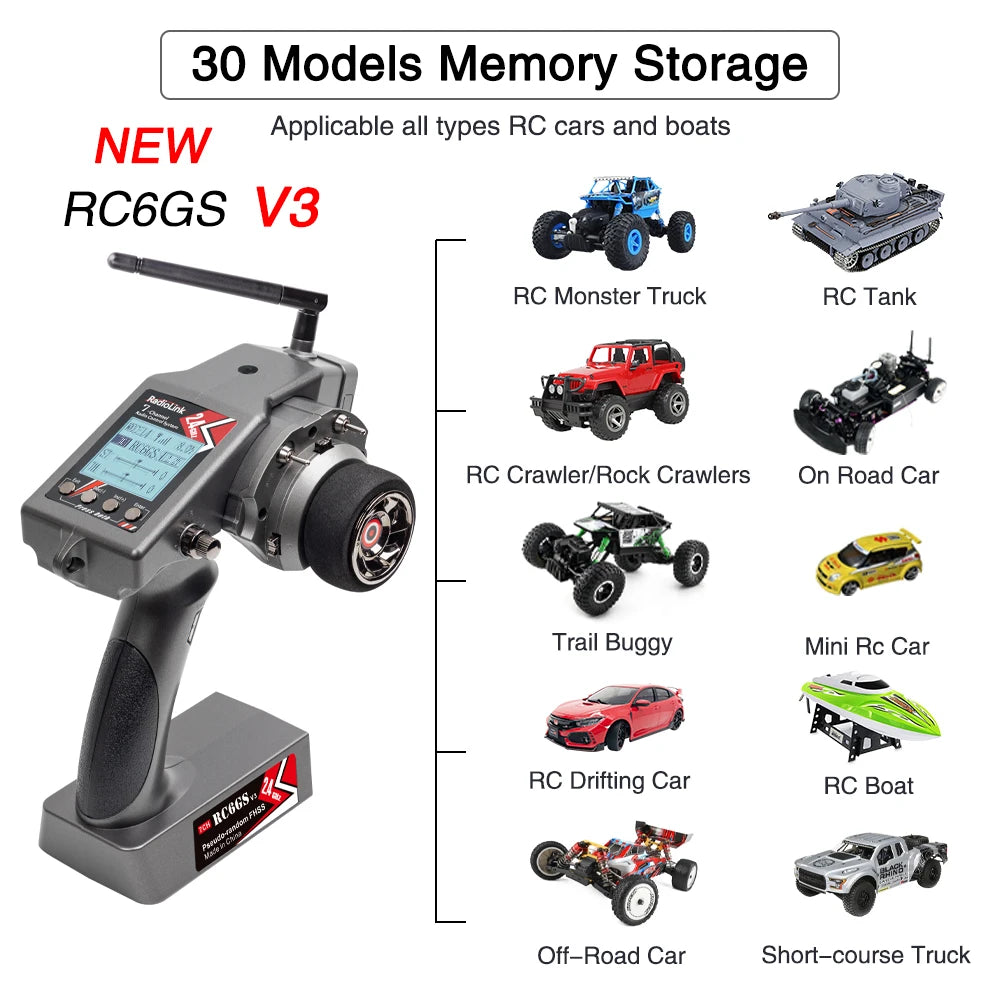 Radiolink RC6GS V3 - 2.4G 7 Channel RC Radio, 30 Models Memory Storage Applicable all types RC cars and boats NEW RC6