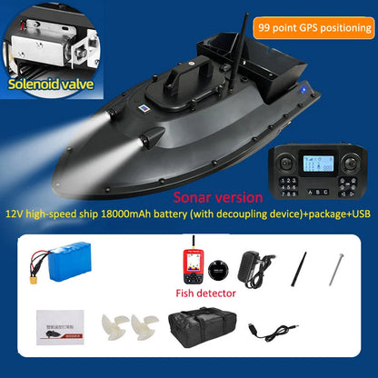 12V GPS RC bait boat with 99-point positioning, 600m range, 2.5kg capacity, night lights, auto return, and sonar for precise fishing navigation.