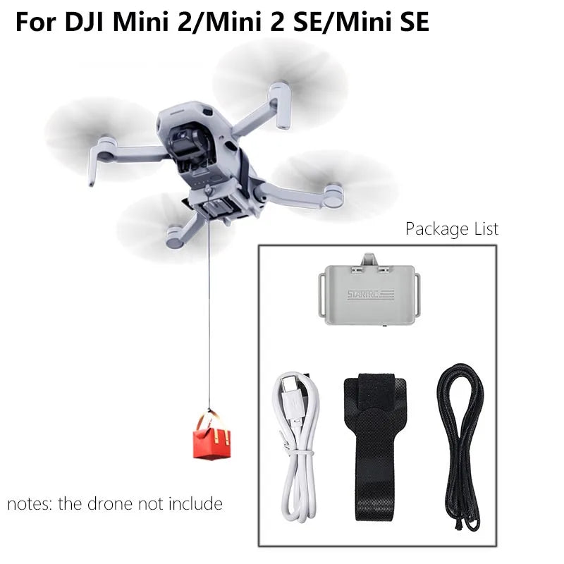 StartRC Airdrop, Airdrop system for DJI Mini 2/SE models includes bag, cable, strap, and rope; drone sold separately.