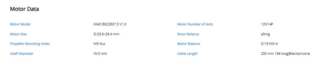 MAD BSC2807.5 1300KV 1500KV FPV Brushless Motor, Brushless motor with 12-slot, 14-pole design, 19mm shaft, and 250mm cable, housed in black silicone.