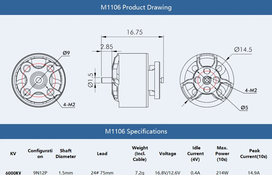 T-motor, M11O6 Specifications Weight Idle Max: Configurati Shaft Peak K
