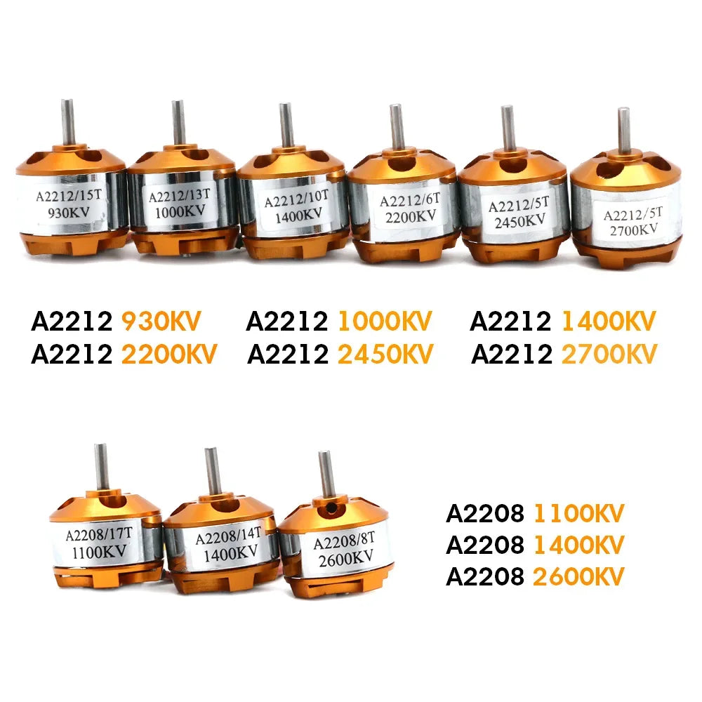 XXD A2212/A2208 brushless motors with KV ratings (930-2700) for FPV drones, compatible with 30A ESC.