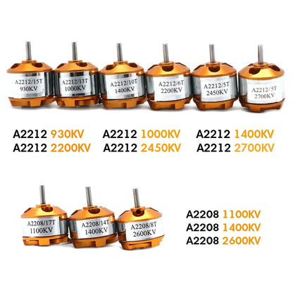 XXD A2212/A2208 brushless motors with KV ratings (930-2700) for FPV drones, compatible with 30A ESC.