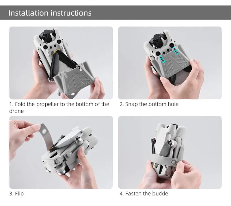 Propeller Stabilizer Holder for DJI Mini 3 PRO, installation instructions 1. Fold the propeller to the bottom of the 2. Snap the bottom hole drone 3.