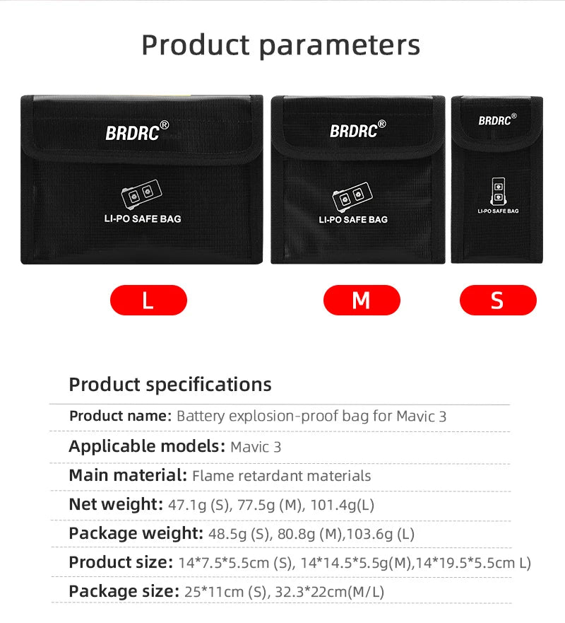 Li-po Battery Safe Storage Bag for DJI Mavic 3/3 Classic Batteries Explosion-Proof Protector Fireproof Case Drone Accessory 14 BRDRC LPoSaFEBat LI-PO SAFE BAG LI